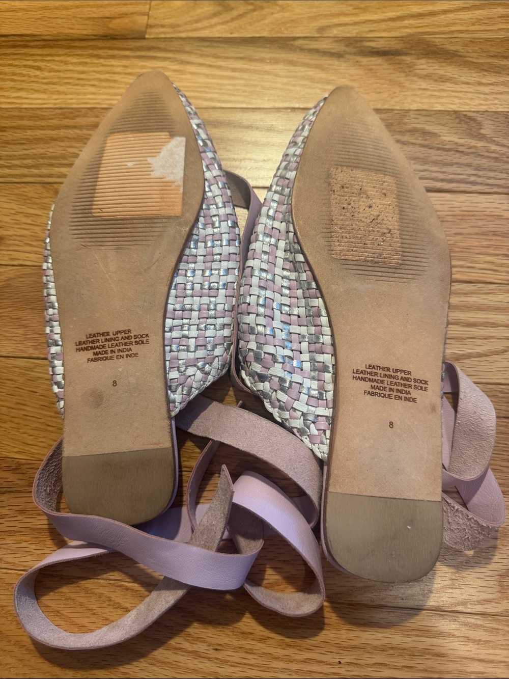 Jeffery Campbell Woven Pointed Leather Flats with Pink Ribbon Ankle Tie - Picture 5 of 6